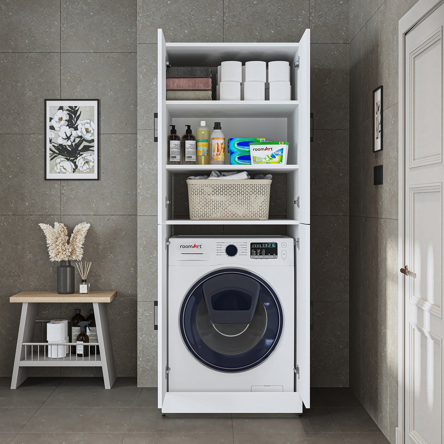Roomart Dora Flex - 2-in-1 Cabinet for Washing Machine with Storage Shelves or Dryer Stacker