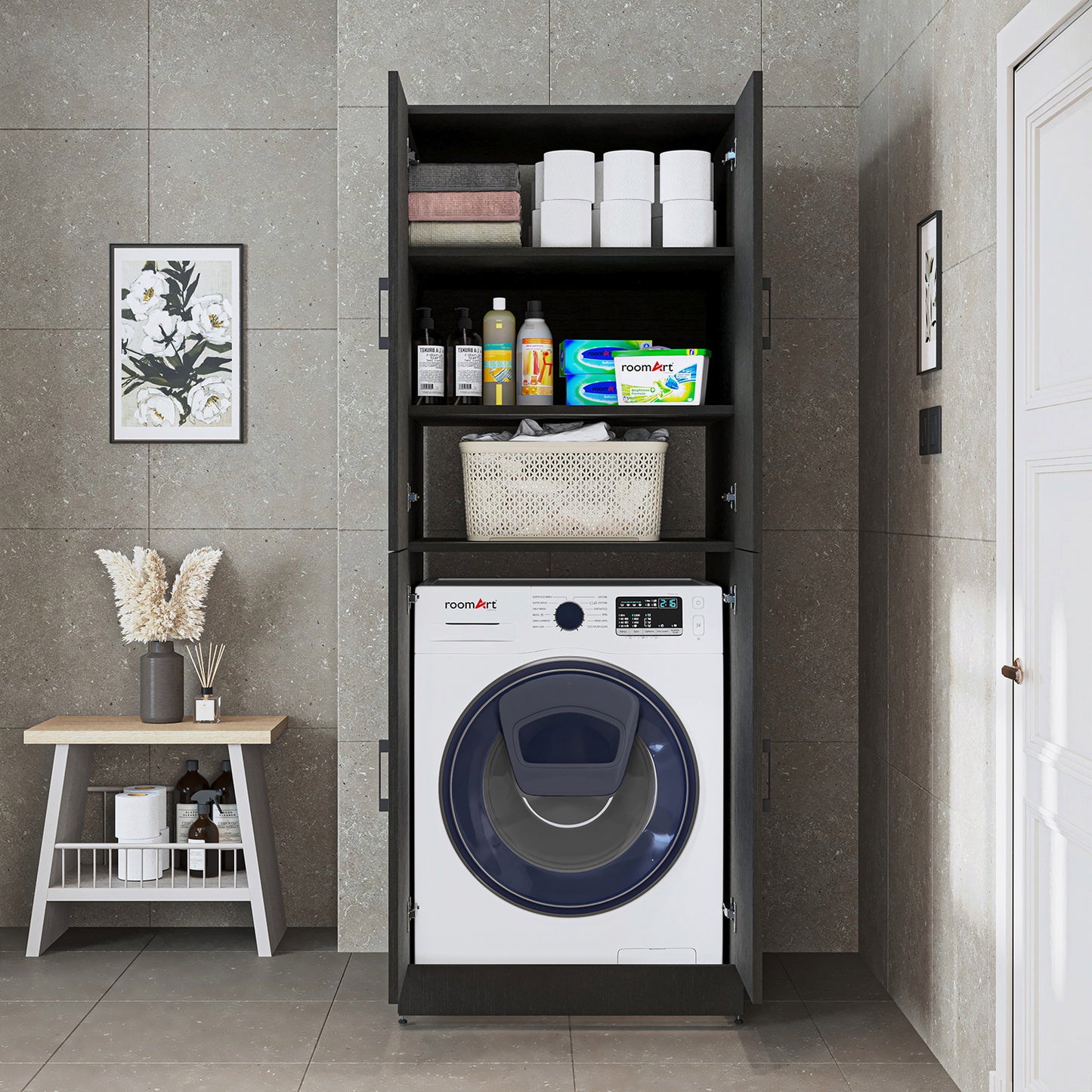 Roomart Dora Flex - 2-in-1 Cabinet for Washing Machine with Storage Shelves or Dryer Stacker