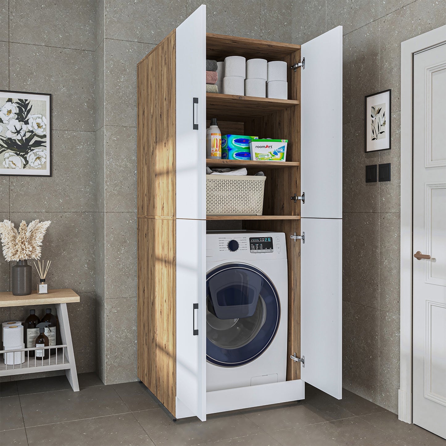Roomart Dora Flex - 2-in-1 Cabinet for Washing Machine with Storage Shelves or Dryer Stacker