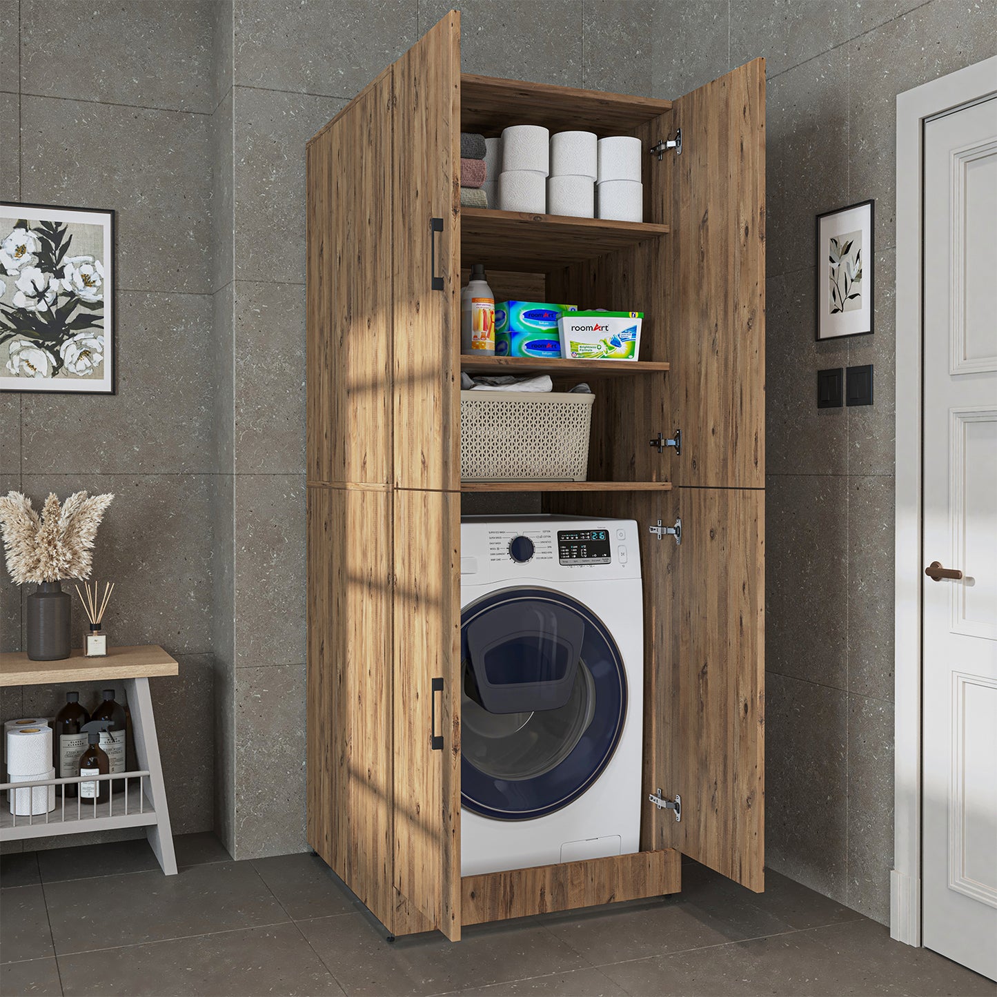 Roomart Dora Flex - 2-in-1 Cabinet for Washing Machine with Storage Shelves or Dryer Stacker