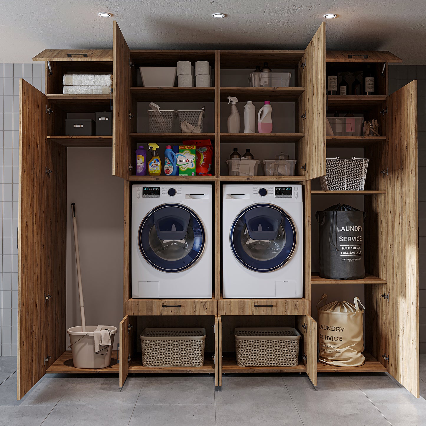 The Roomart A Luxe Line - Twin Washer & Dryer Cabinet Set with Side Storage Units