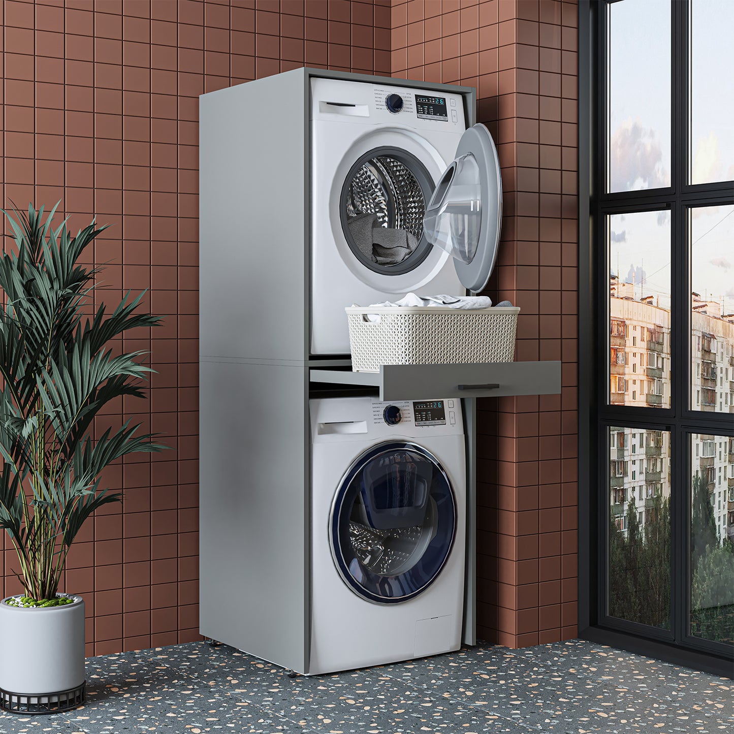 Roomart D Cabinet - Washer Dryer Stacker with Pull-Out Tray, Ash Grey