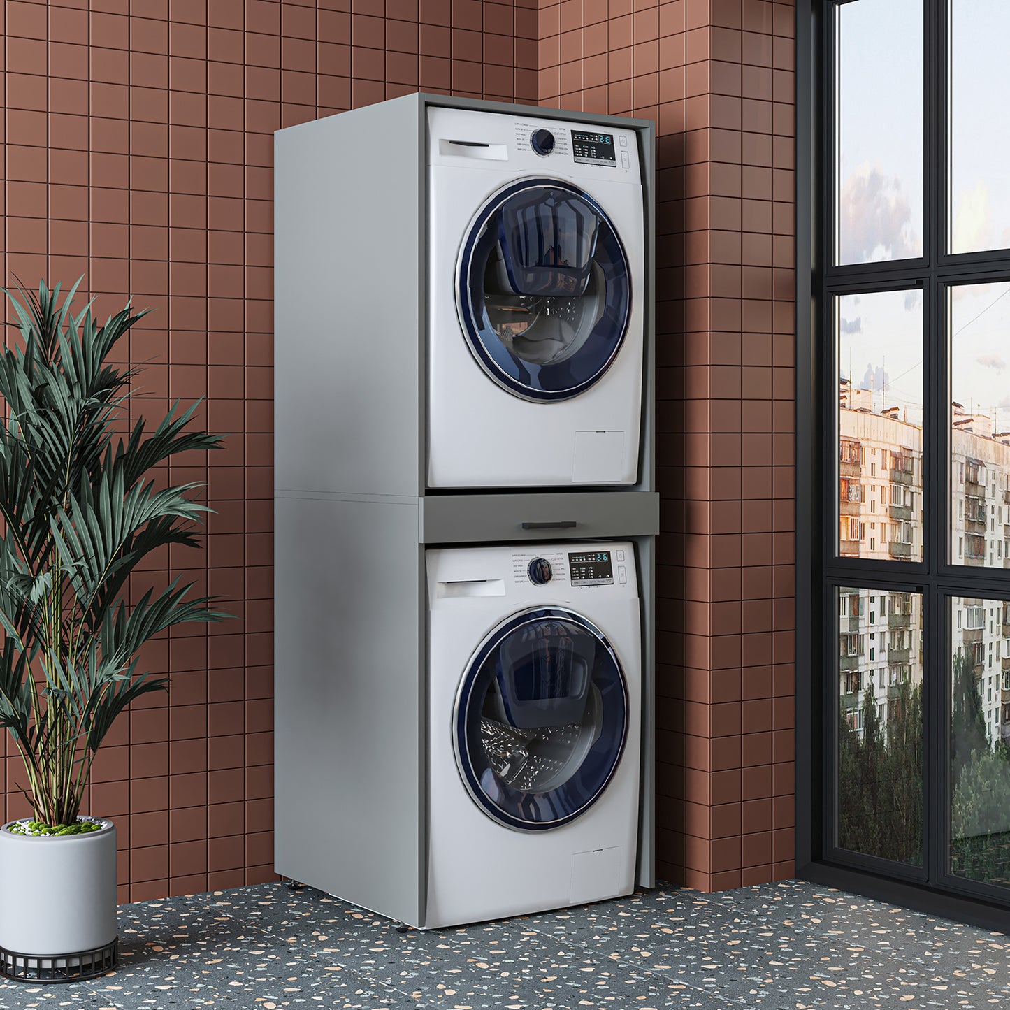 Roomart D Cabinet - Washer Dryer Stacker with Pull-Out Tray, Ash Grey