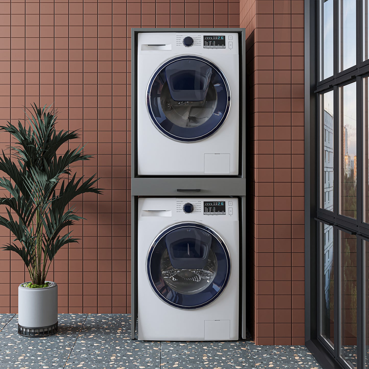 Roomart D Cabinet - Washer Dryer Stacker with Pull-Out Tray, Ash Grey