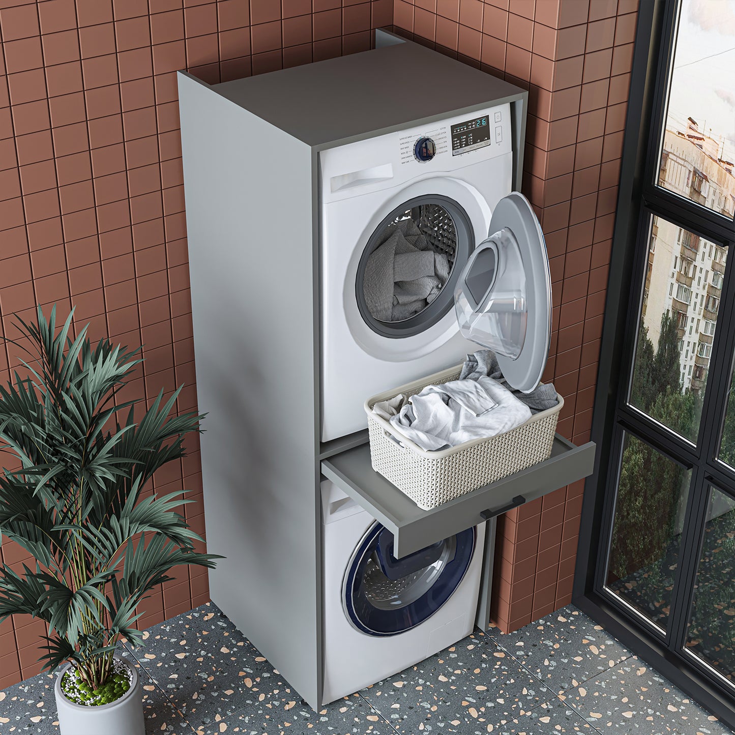 Roomart D Cabinet - Washer Dryer Stacker with Pull-Out Tray, Ash Grey