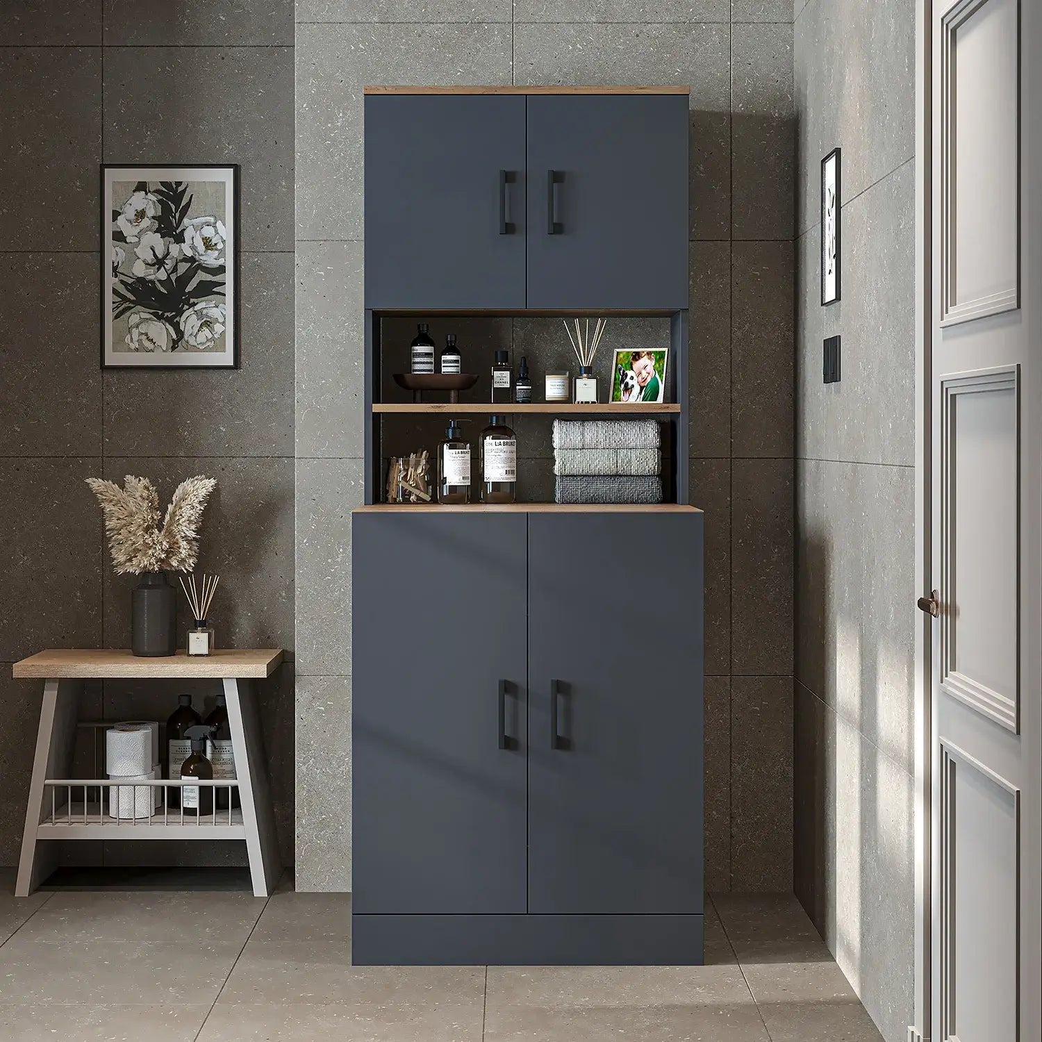 Roomart anthracite washing machine cabinet with doors, shallow shelf, and overhead storage cupboard, UK laundry furniture from front doors closed
