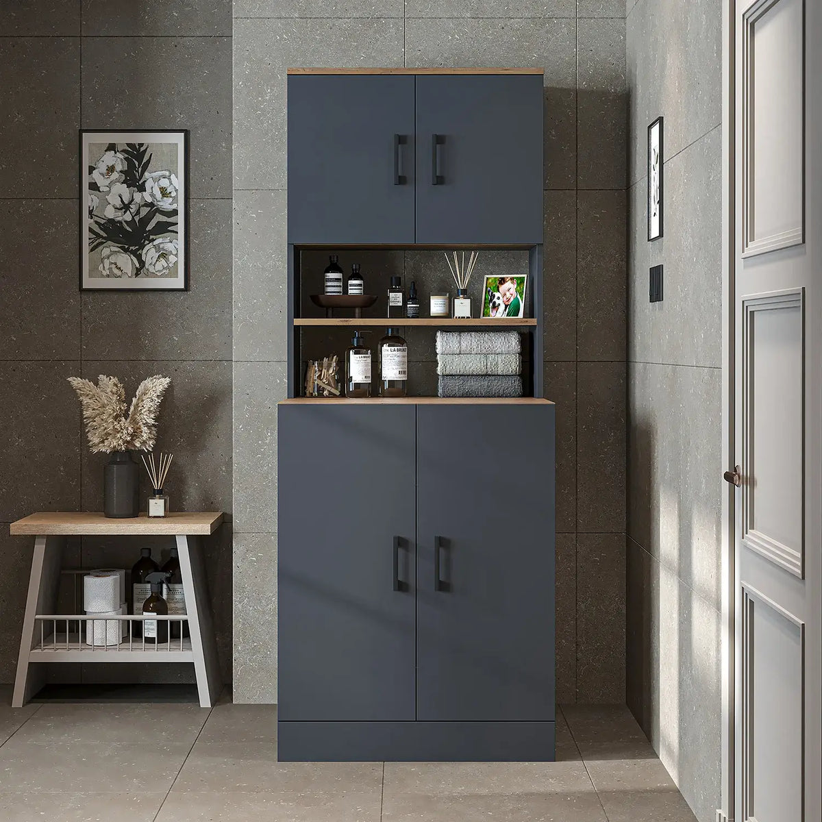 Roomart anthracite washing machine cabinet with doors, shallow shelf, and overhead storage cupboard, UK laundry furniture from front doors closed