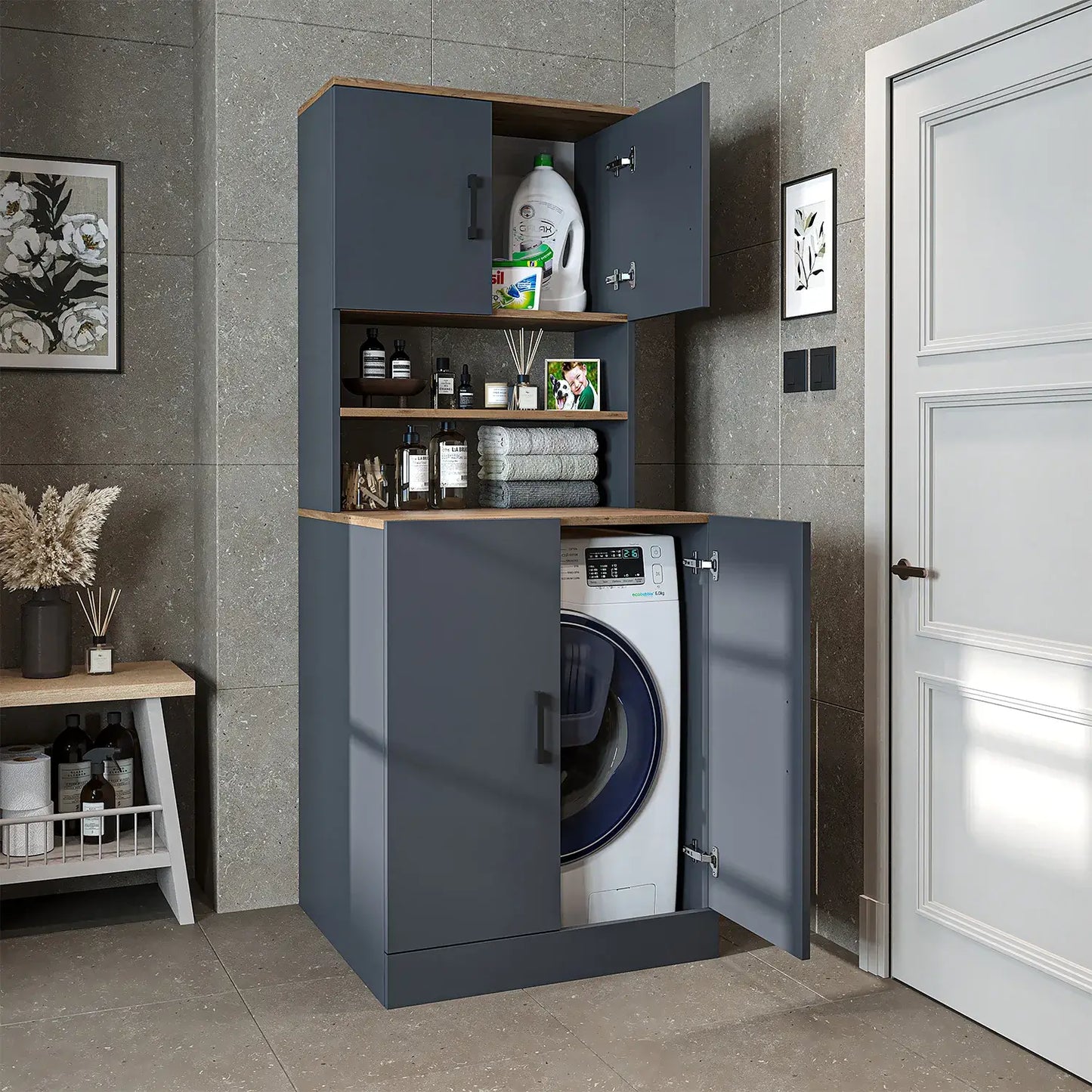 Roomart anthracite washing machine cabinet with doors, shallow shelf, and overhead storage cupboard, UK laundry furniture with open doors