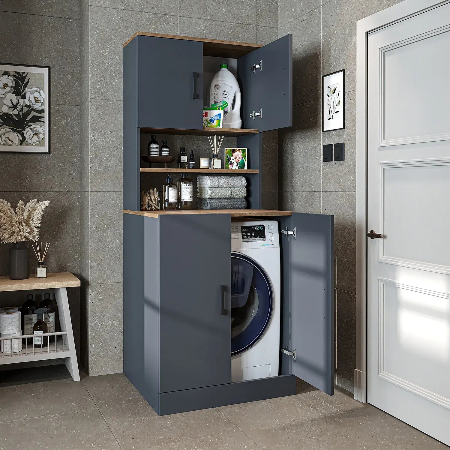 Roomart anthracite washing machine cabinet with doors, shallow shelf, and overhead storage cupboard, UK laundry furniture with open doors