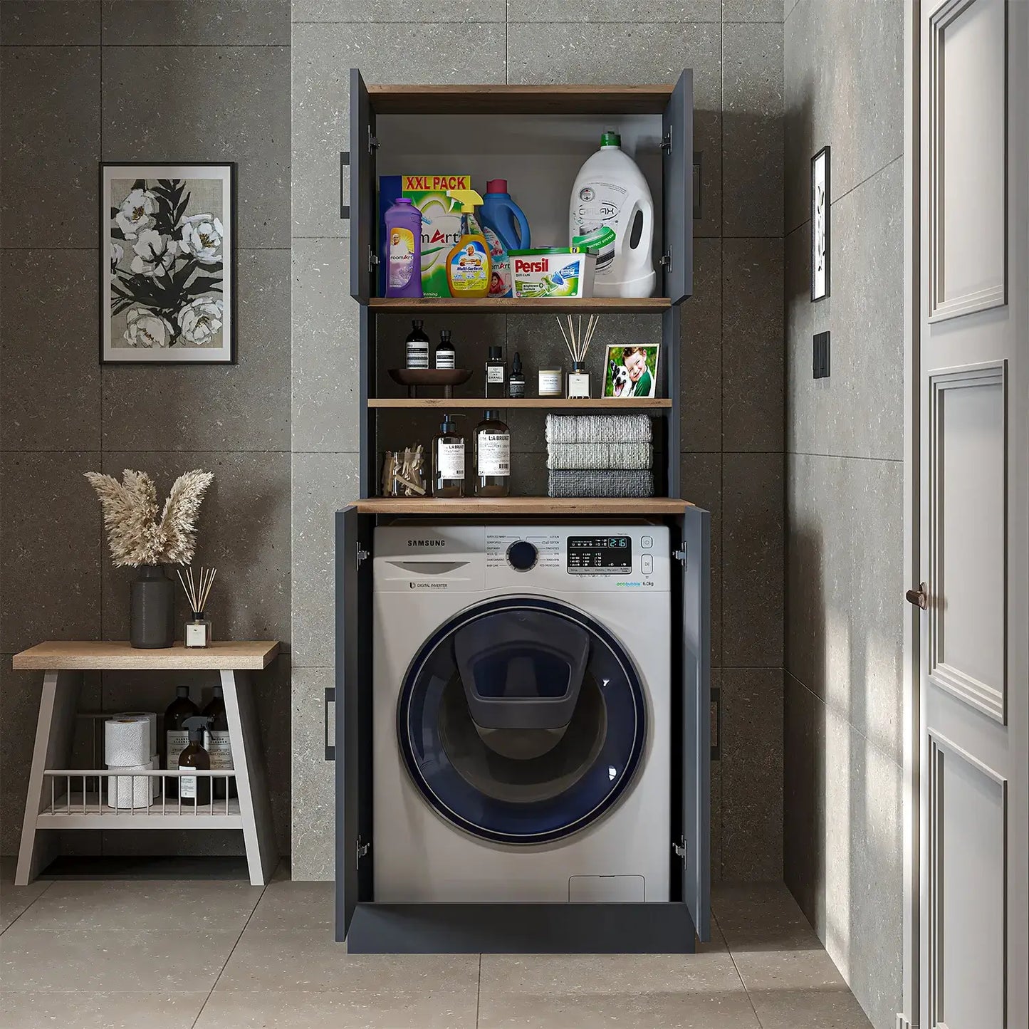 Roomart anthracite washing machine cabinet with doors, shallow shelf, and overhead storage cupboard, UK laundry furniture from front doors open