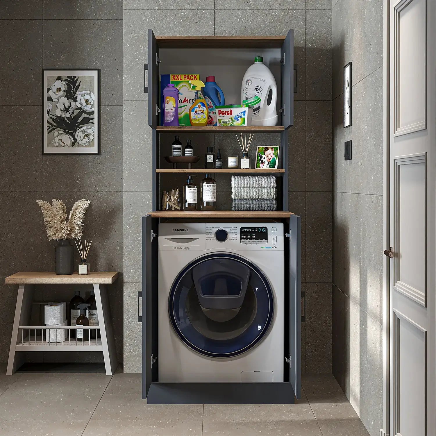Roomart anthracite washing machine cabinet with doors, shallow shelf, and overhead storage cupboard, UK laundry furniture from front doors open