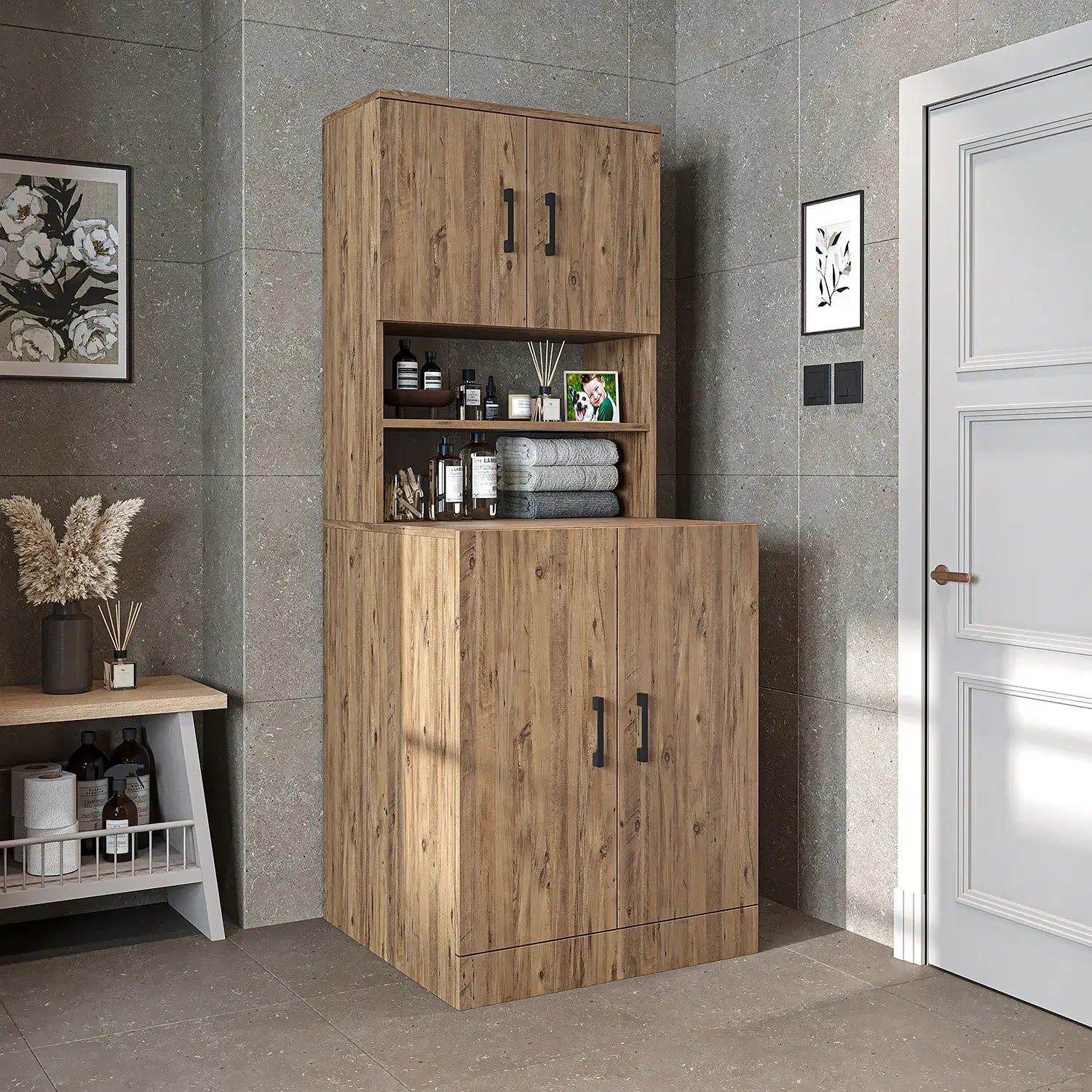 Roomart oak washing machine cabinet with doors, shallow shelf, and overhead storage cupboard, UK laundry furniture
