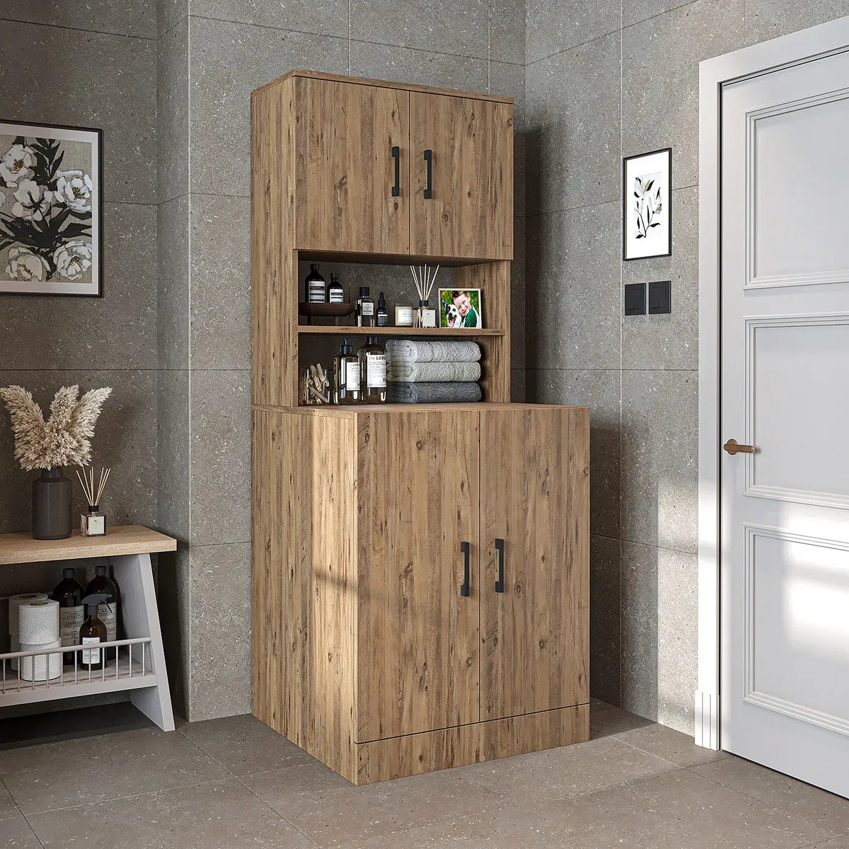 Roomart oak washing machine cabinet with doors, shallow shelf, and overhead storage cupboard, UK laundry furniture