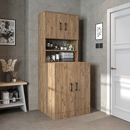 Roomart oak washing machine cabinet with doors, shallow shelf, and overhead storage cupboard, UK laundry furniture