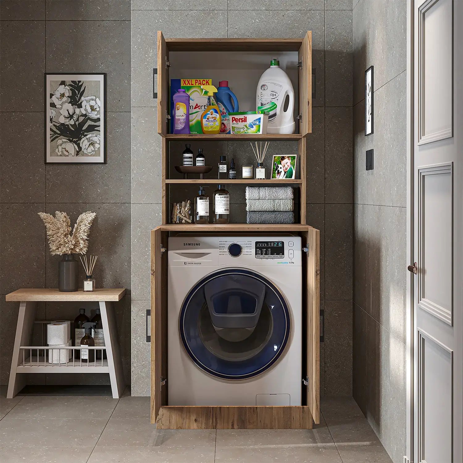 Roomart oak washing machine cabinet with doors, shallow shelf, and overhead storage cupboard, UK laundry furniture from front doors open