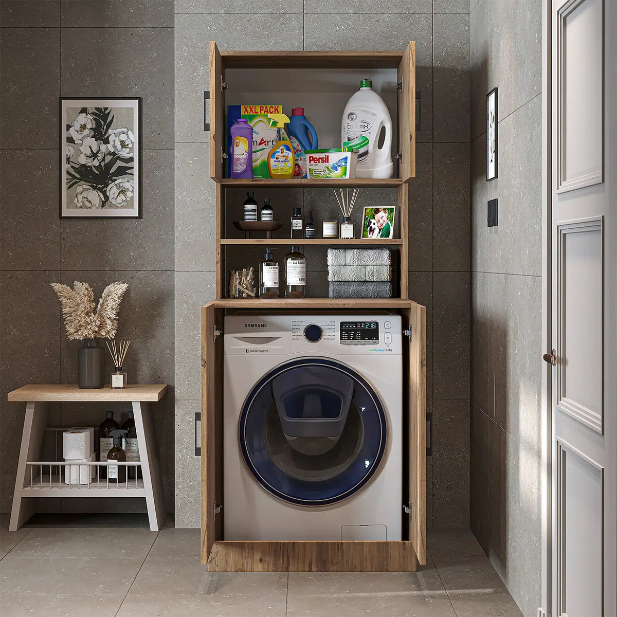 Roomart oak washing machine cabinet with doors, shallow shelf, and overhead storage cupboard, UK laundry furniture from front doors open