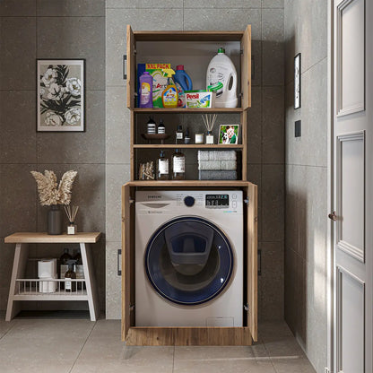 Roomart oak washing machine cabinet with doors, shallow shelf, and overhead storage cupboard, UK laundry furniture from front doors open