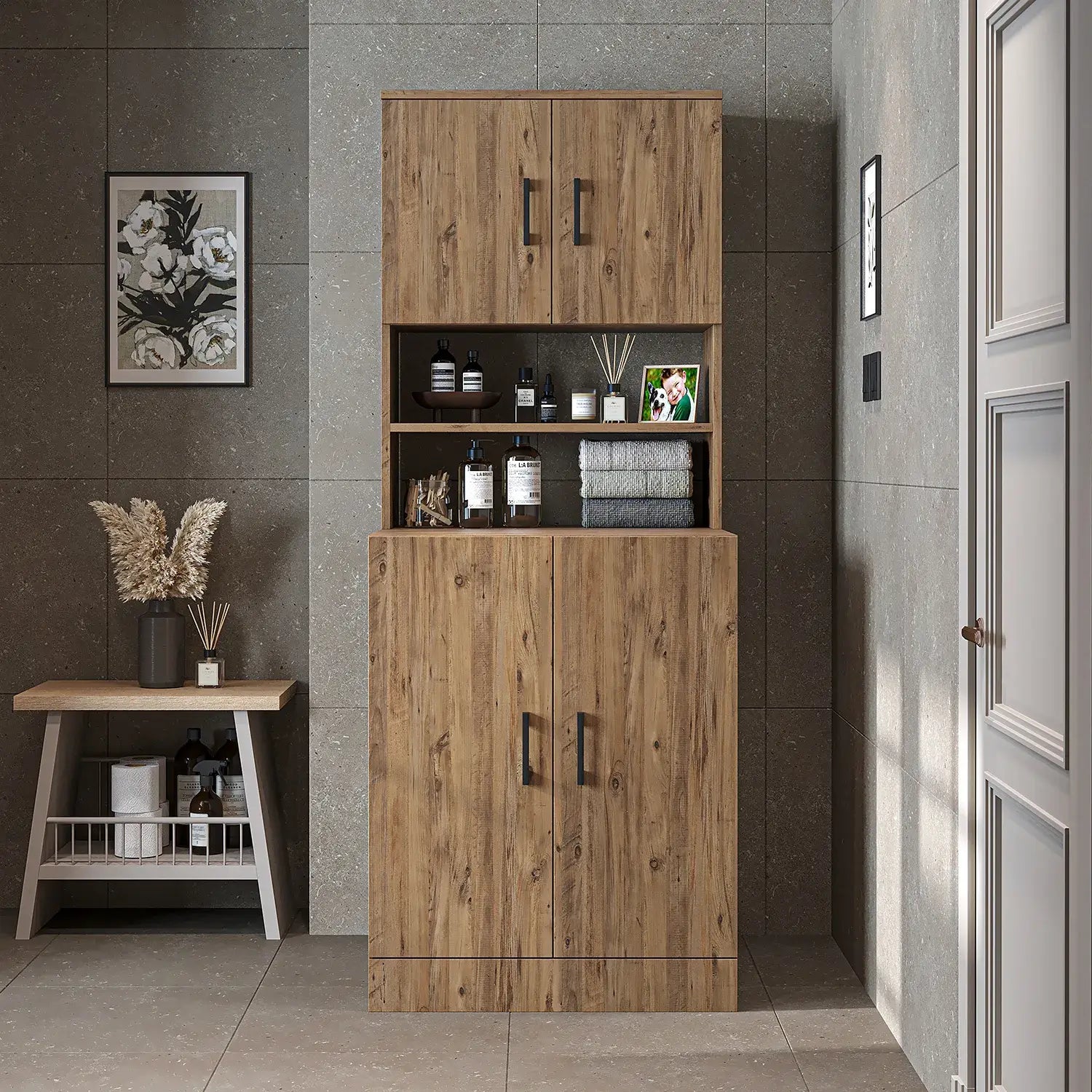 Roomart oak washing machine cabinet with doors, shallow shelf, and overhead storage cupboard, UK laundry furniture from front doors closed