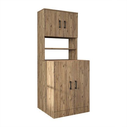 Roomart oak washing machine cabinet with doors, shallow shelf, and overhead storage cupboard, UK laundry furniture from angle