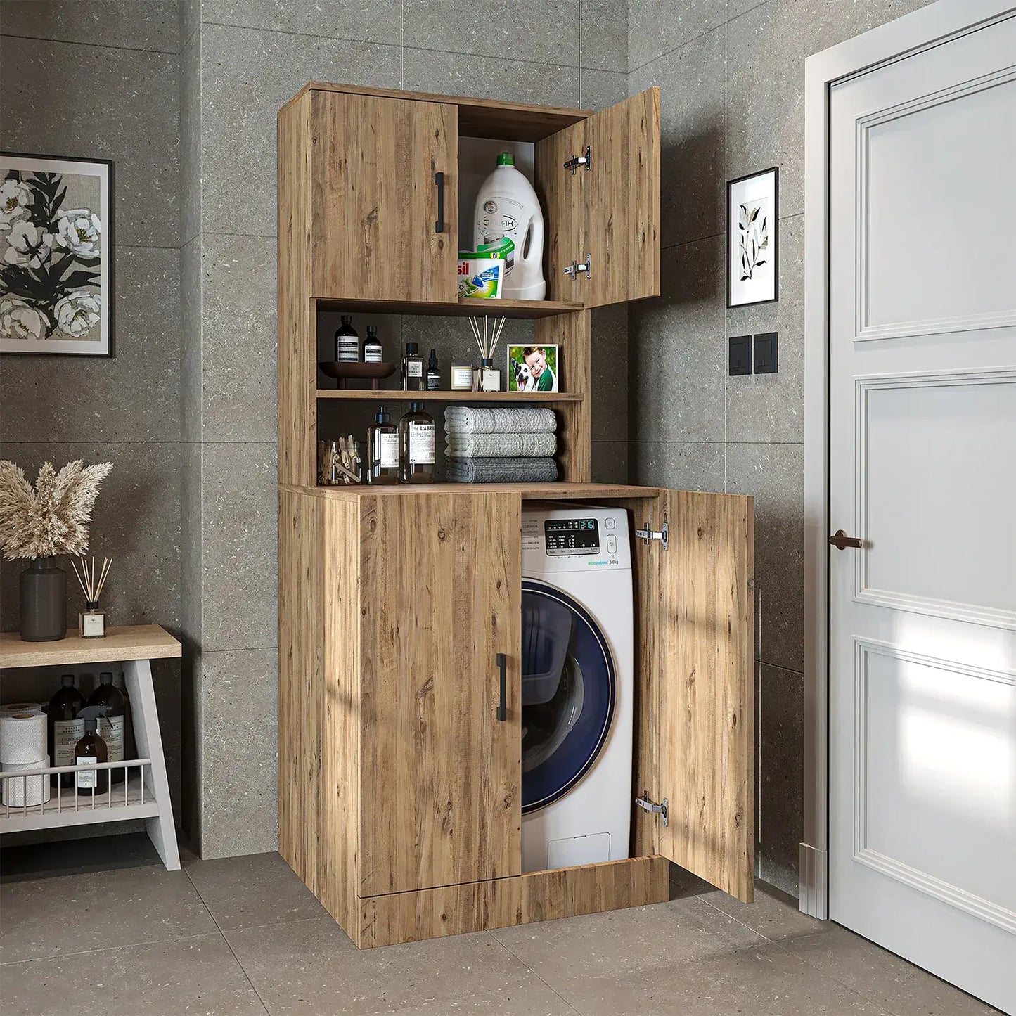 Roomart oak washing machine cabinet with doors, shallow shelf, and overhead storage cupboard, UK laundry furniture with open doors