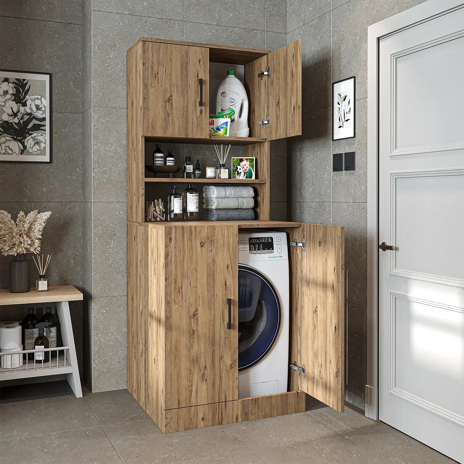 Roomart oak washing machine cabinet with doors, shallow shelf, and overhead storage cupboard, UK laundry furniture with open doors