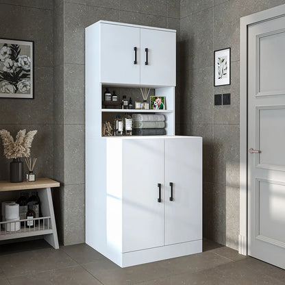 Roomart white washing machine cabinet with doors, shallow shelf, and overhead storage cupboard, UK laundry furniture