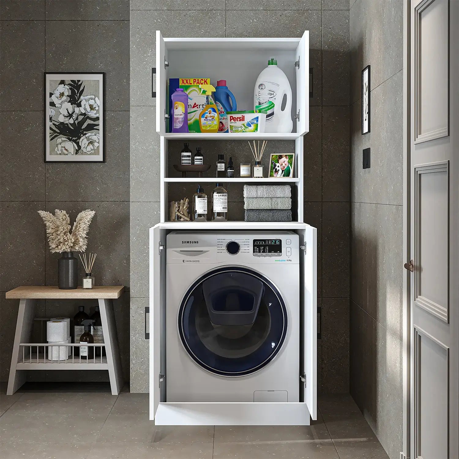 Roomart white washing machine cabinet with doors, shallow shelf, and overhead storage cupboard, UK laundry furniture from front doors open