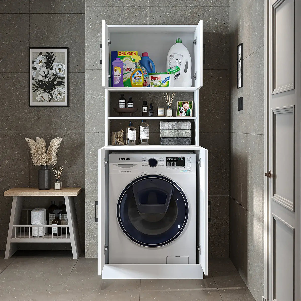 Roomart white washing machine cabinet with doors, shallow shelf, and overhead storage cupboard, UK laundry furniture from front doors open
