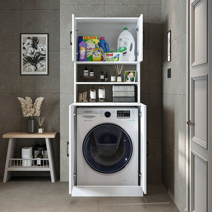 Roomart white washing machine cabinet with doors, shallow shelf, and overhead storage cupboard, UK laundry furniture from front doors open