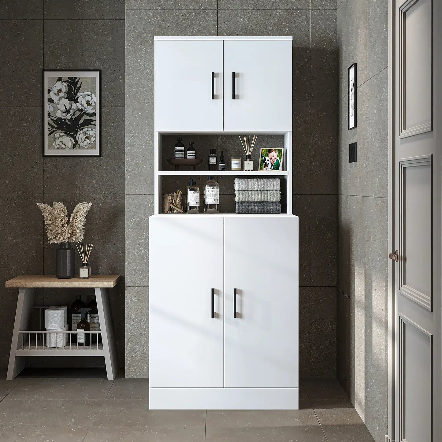 Roomart white washing machine cabinet with doors, shallow shelf, and overhead storage cupboard, UK laundry furniture from front doors closed