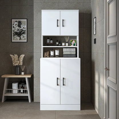 Roomart white washing machine cabinet with doors, shallow shelf, and overhead storage cupboard, UK laundry furniture from front doors closed