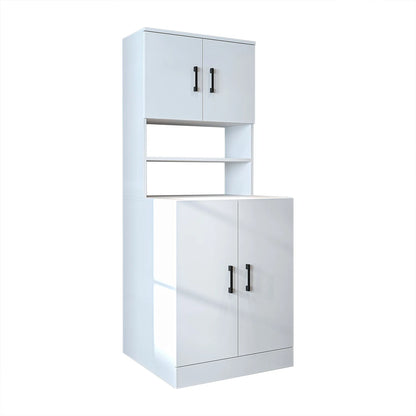 Roomart white washing machine cabinet with doors, shallow shelf, and overhead storage cupboard, UK laundry furniture from angle