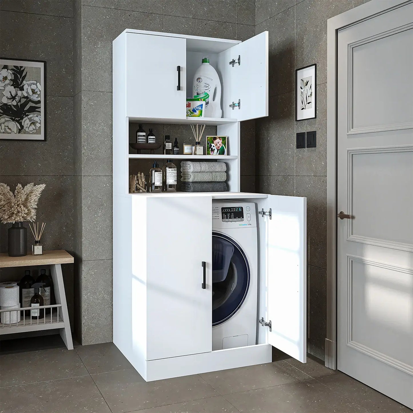 Roomart white washing machine cabinet with doors, shallow shelf, and overhead storage cupboard, UK laundry furniture with open doors