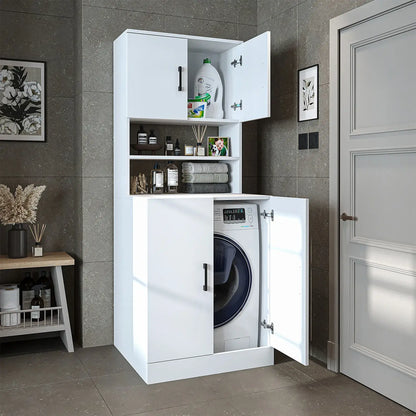 Roomart white washing machine cabinet with doors, shallow shelf, and overhead storage cupboard, UK laundry furniture with open doors