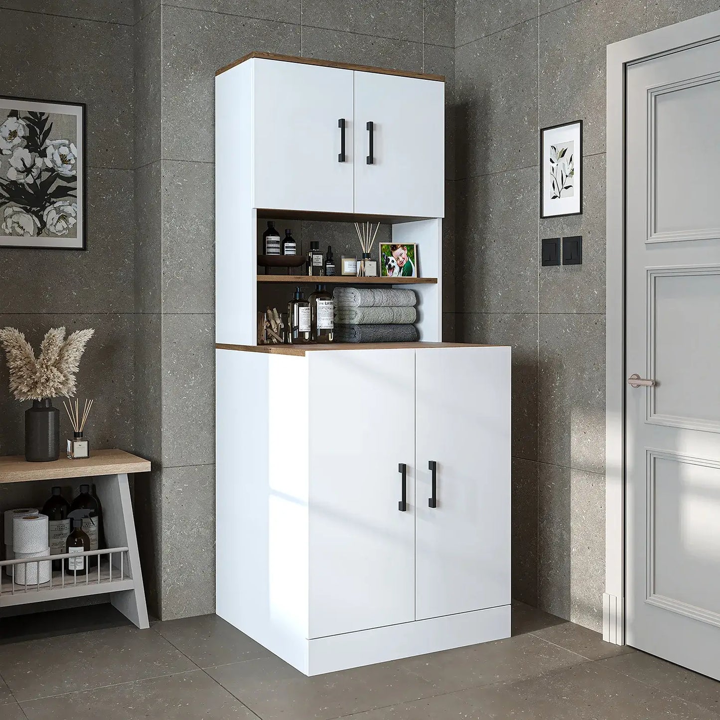 Roomart white oak washing machine cabinet with doors, shallow shelf, and overhead storage cupboard, UK laundry furniture