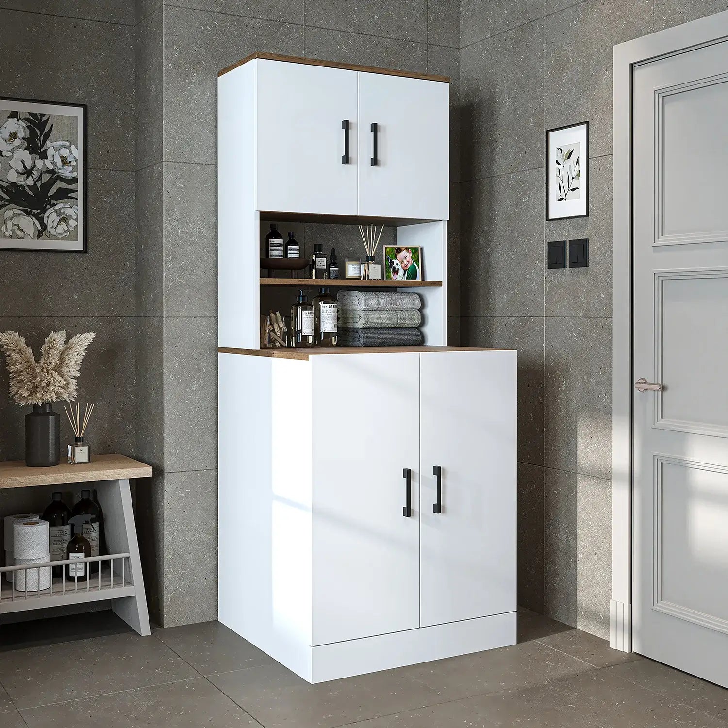 Roomart white oak washing machine cabinet with doors, shallow shelf, and overhead storage cupboard, UK laundry furniture