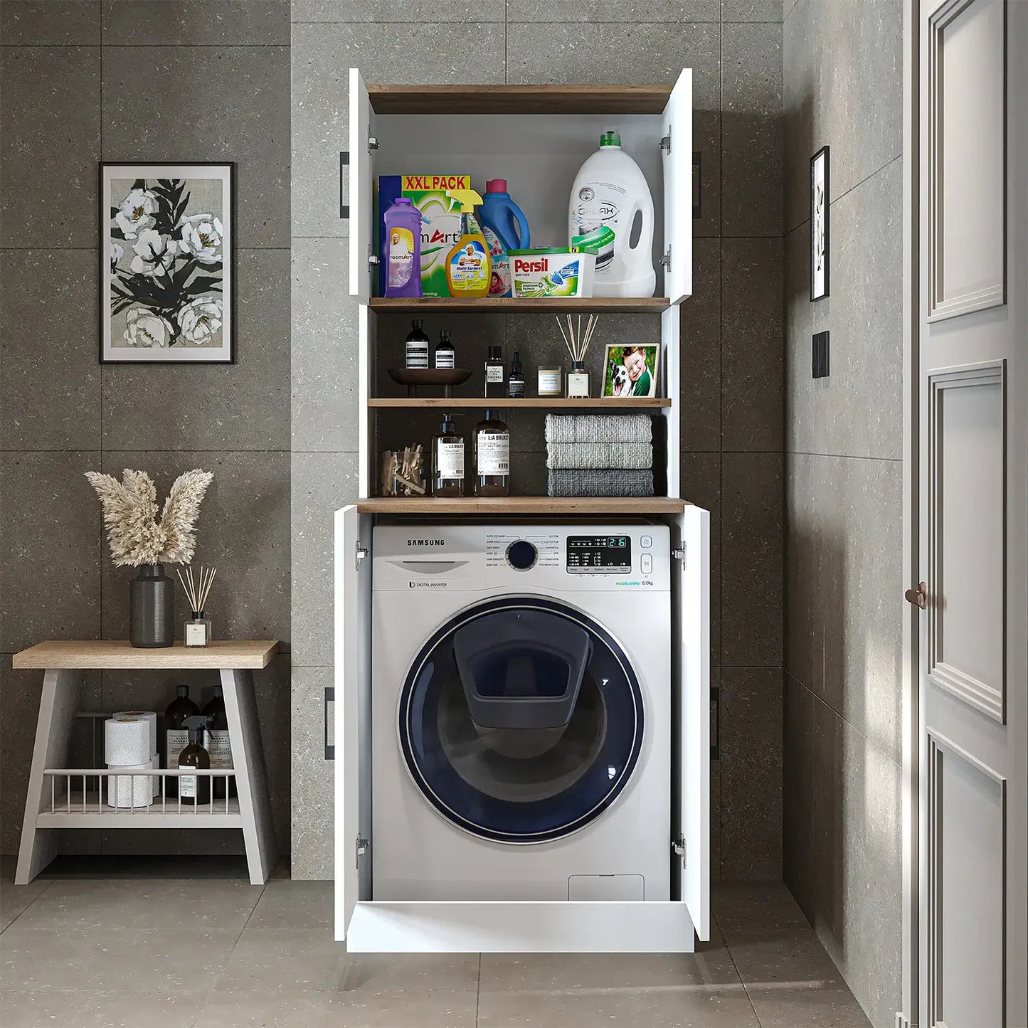 Roomart white oak washing machine cabinet with doors, shallow shelf, and overhead storage cupboard, UK laundry furniture from front doors open