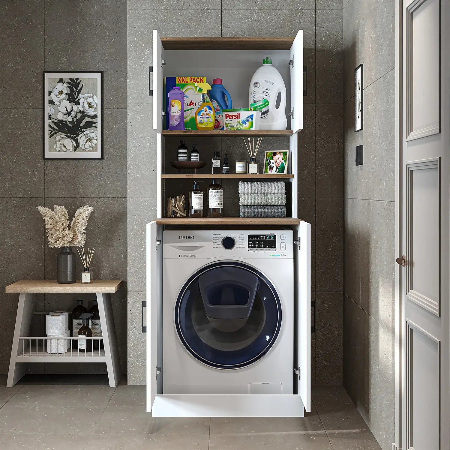 Roomart white oak washing machine cabinet with doors, shallow shelf, and overhead storage cupboard, UK laundry furniture from front doors open