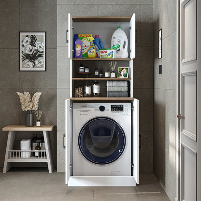 Roomart white oak washing machine cabinet with doors, shallow shelf, and overhead storage cupboard, UK laundry furniture from front doors open