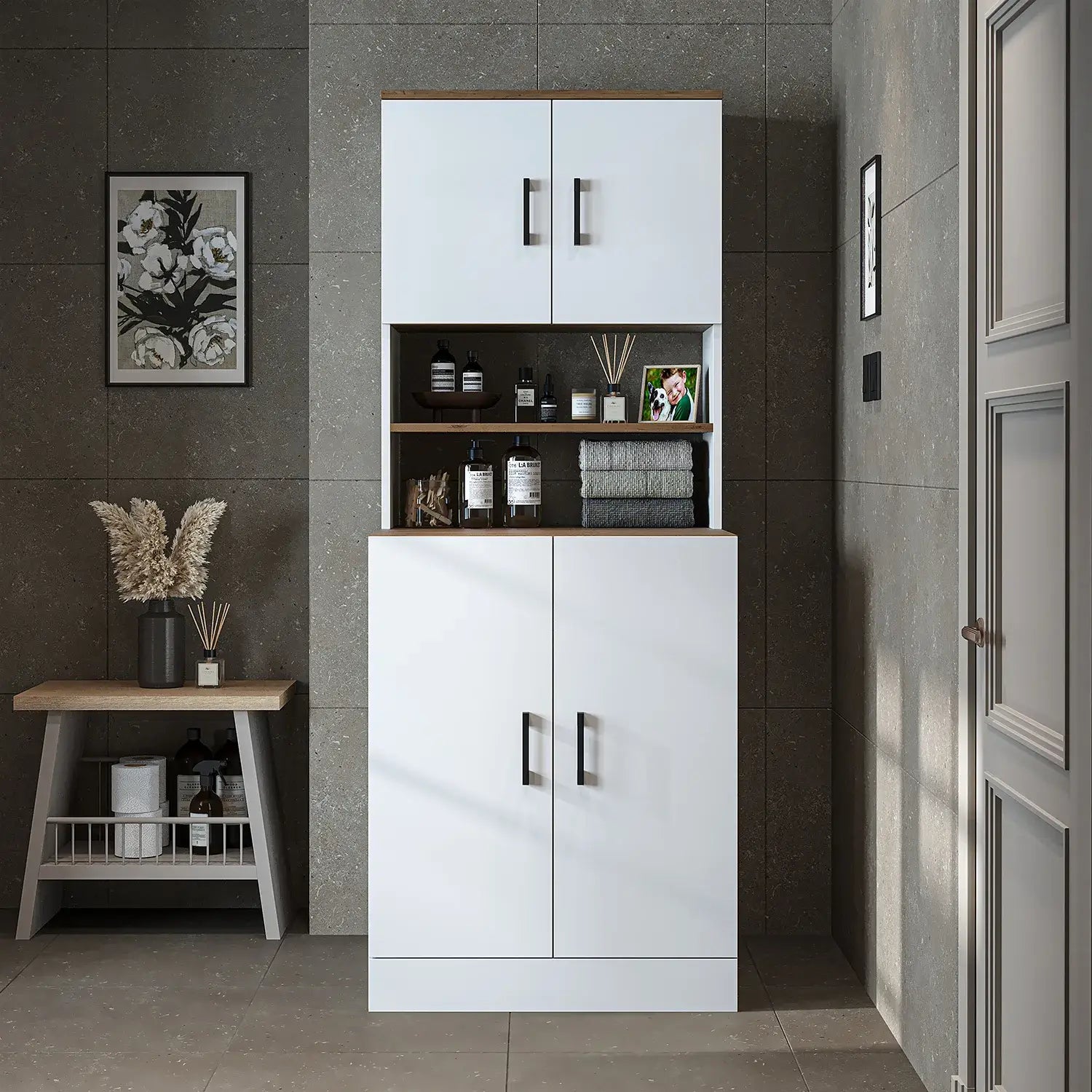 Roomart white oak washing machine cabinet with doors, shallow shelf, and overhead storage cupboard, UK laundry furniture from front doors closed