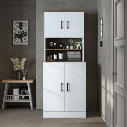 Roomart white oak washing machine cabinet with doors, shallow shelf, and overhead storage cupboard, UK laundry furniture from front doors closed