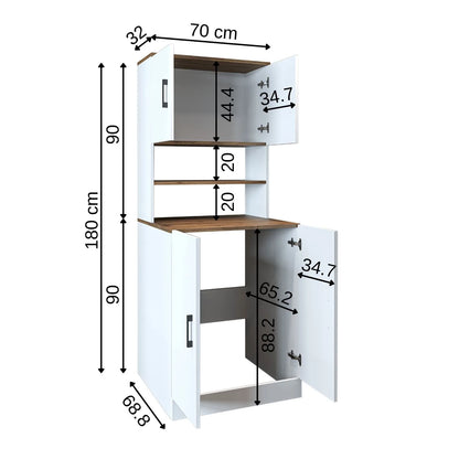 Roomart white oak washing machine cabinet with doors, shallow shelf, and overhead storage cupboard, UK laundry furniture with dimensions