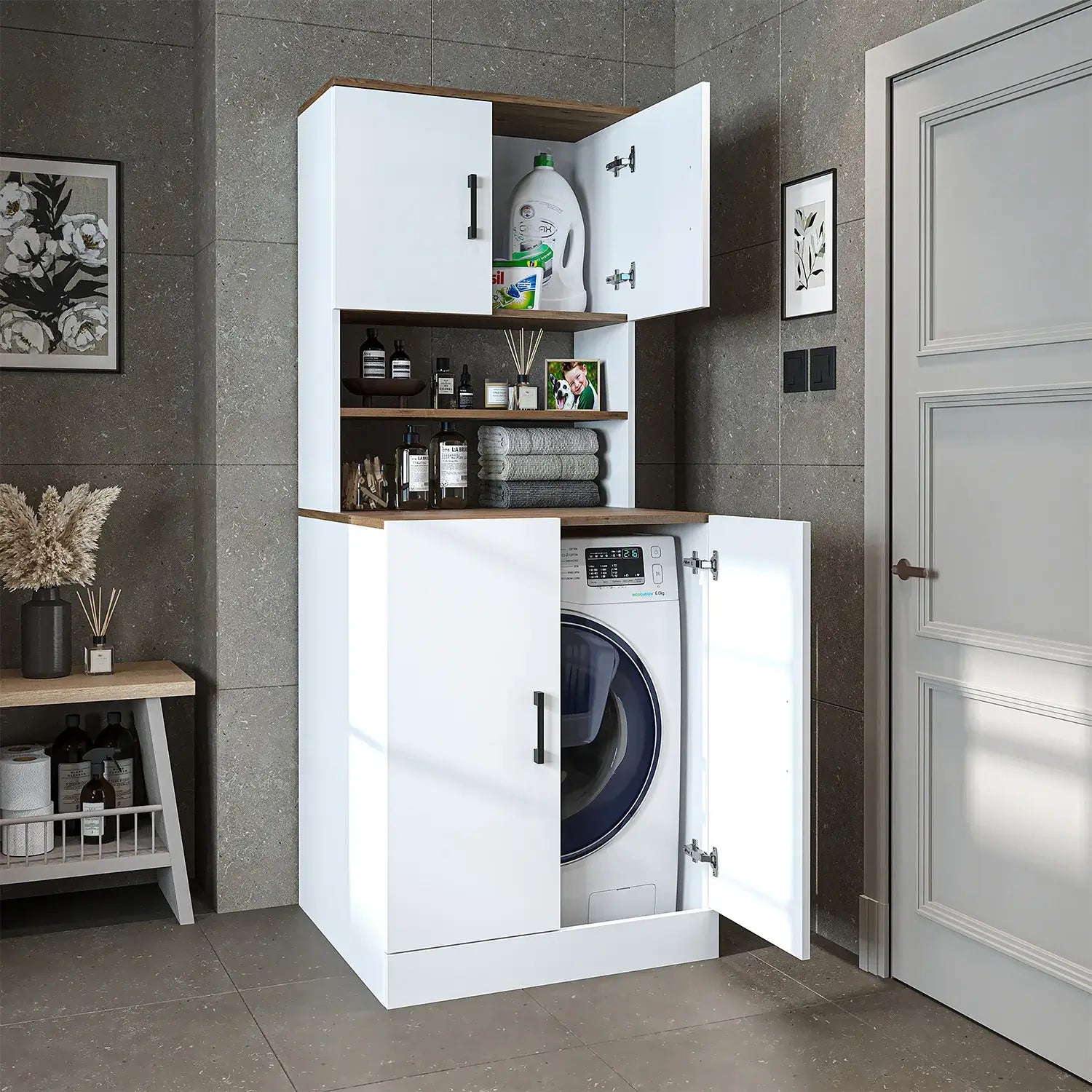 Roomart white oak washing machine cabinet with doors, shallow shelf, and overhead storage cupboard, UK laundry furniture with open doors