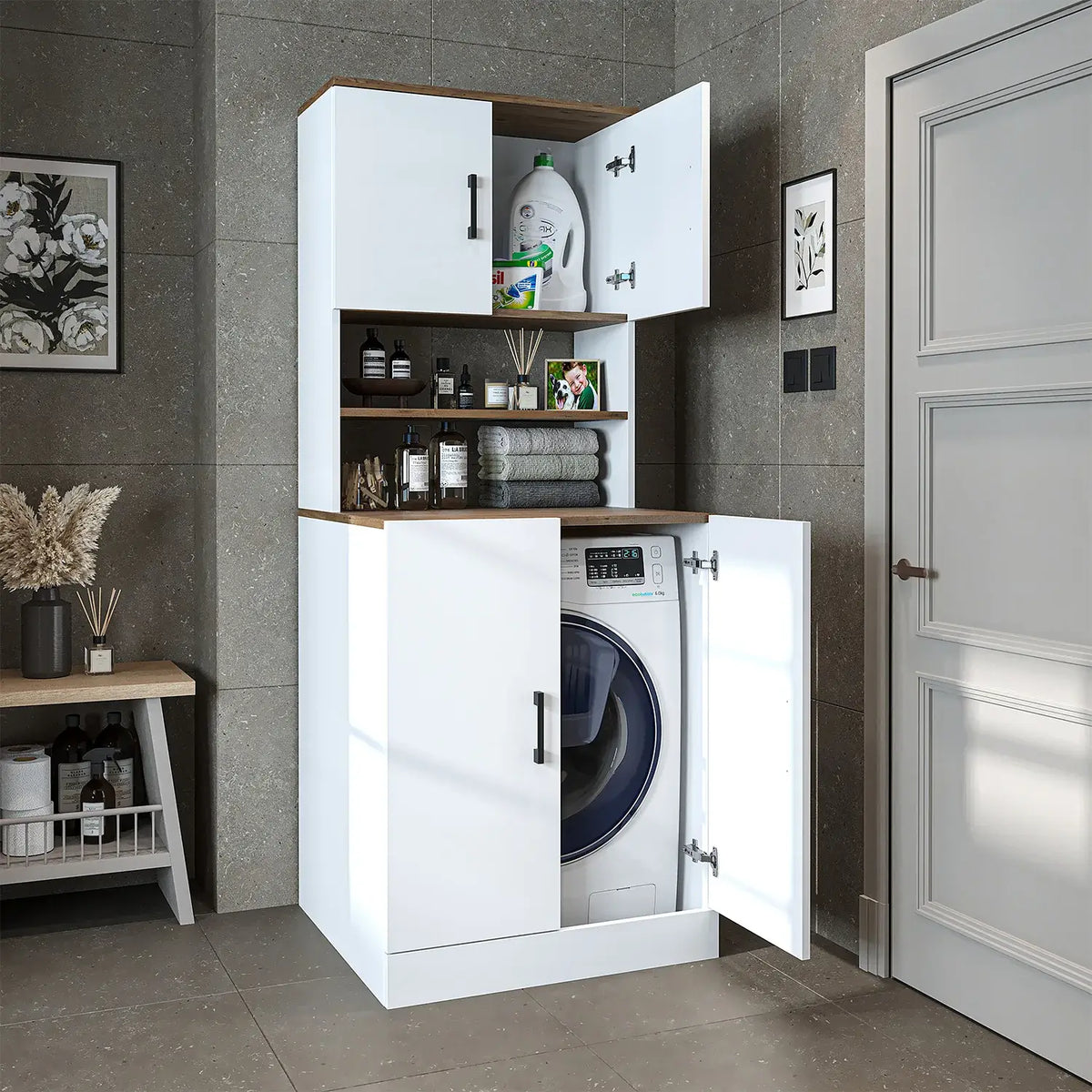 Roomart white oak washing machine cabinet with doors, shallow shelf, and overhead storage cupboard, UK laundry furniture with open doors