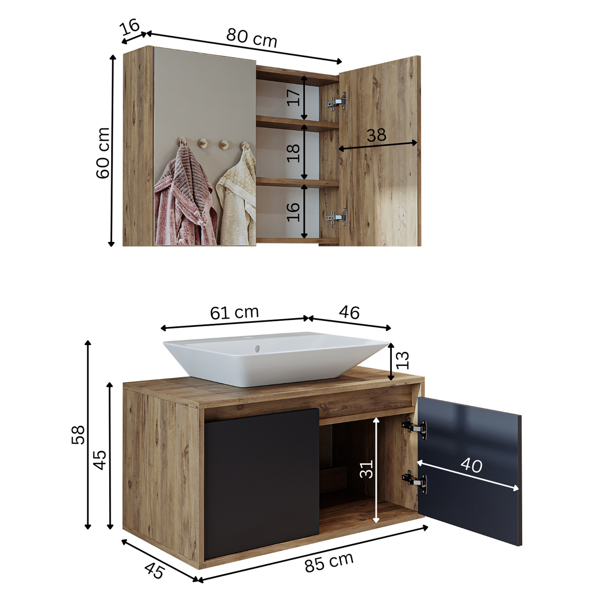 Roomart Atlantic - Bathroom Cabinet Set of 2 with Washbasin