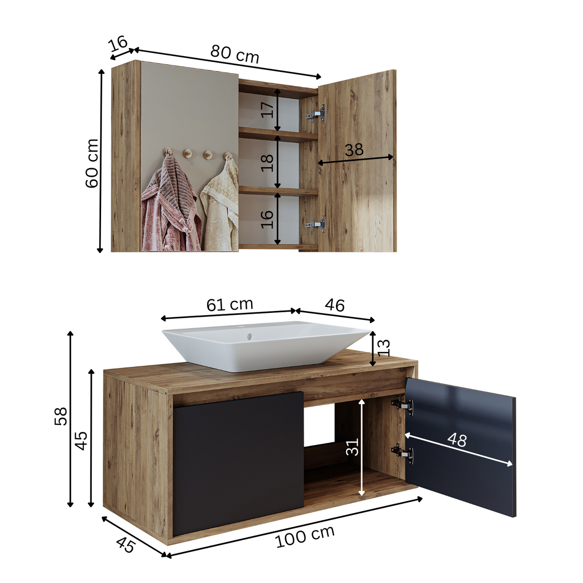 Roomart Atlantic - Bathroom Cabinet Set of 2 with Washbasin