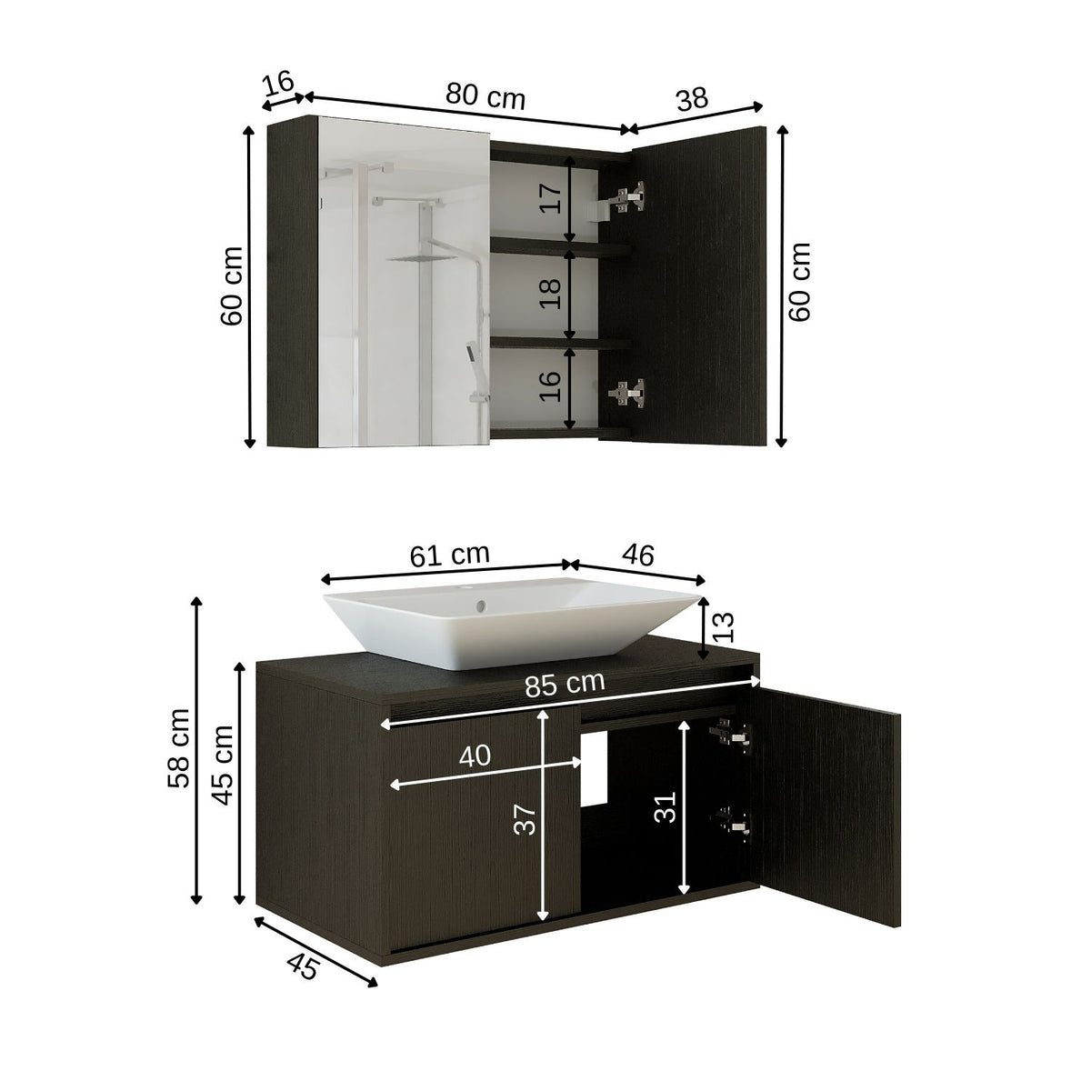 Roomart Atlantic - Bathroom Cabinet Set of 2 with Washbasin