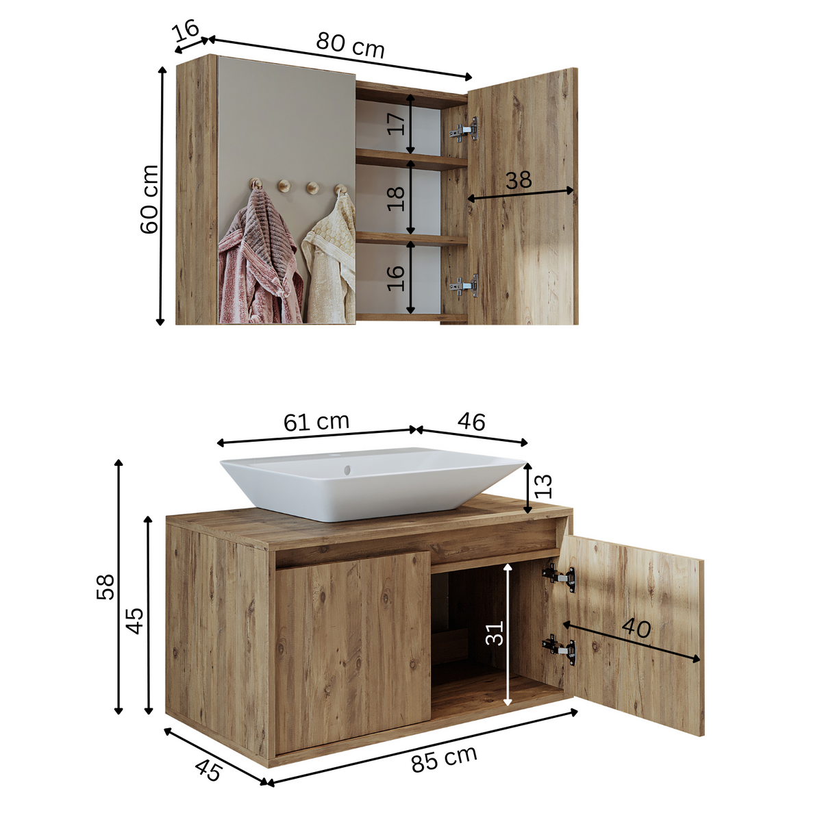 Roomart Atlantic - Bathroom Cabinet Set of 2 with Washbasin