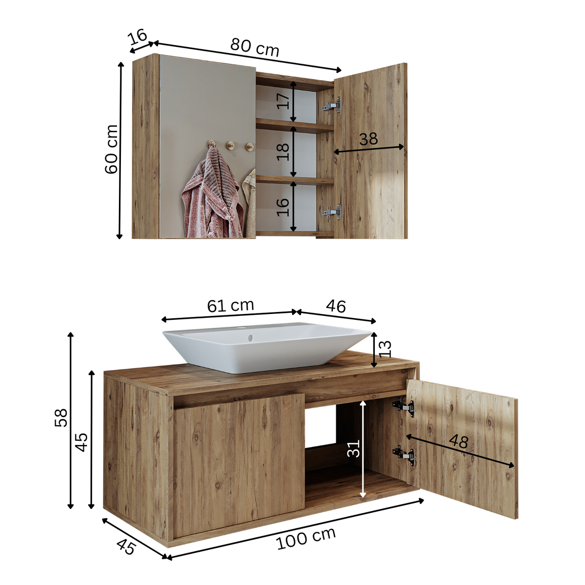 Roomart Atlantic - Bathroom Cabinet Set of 2 with Washbasin
