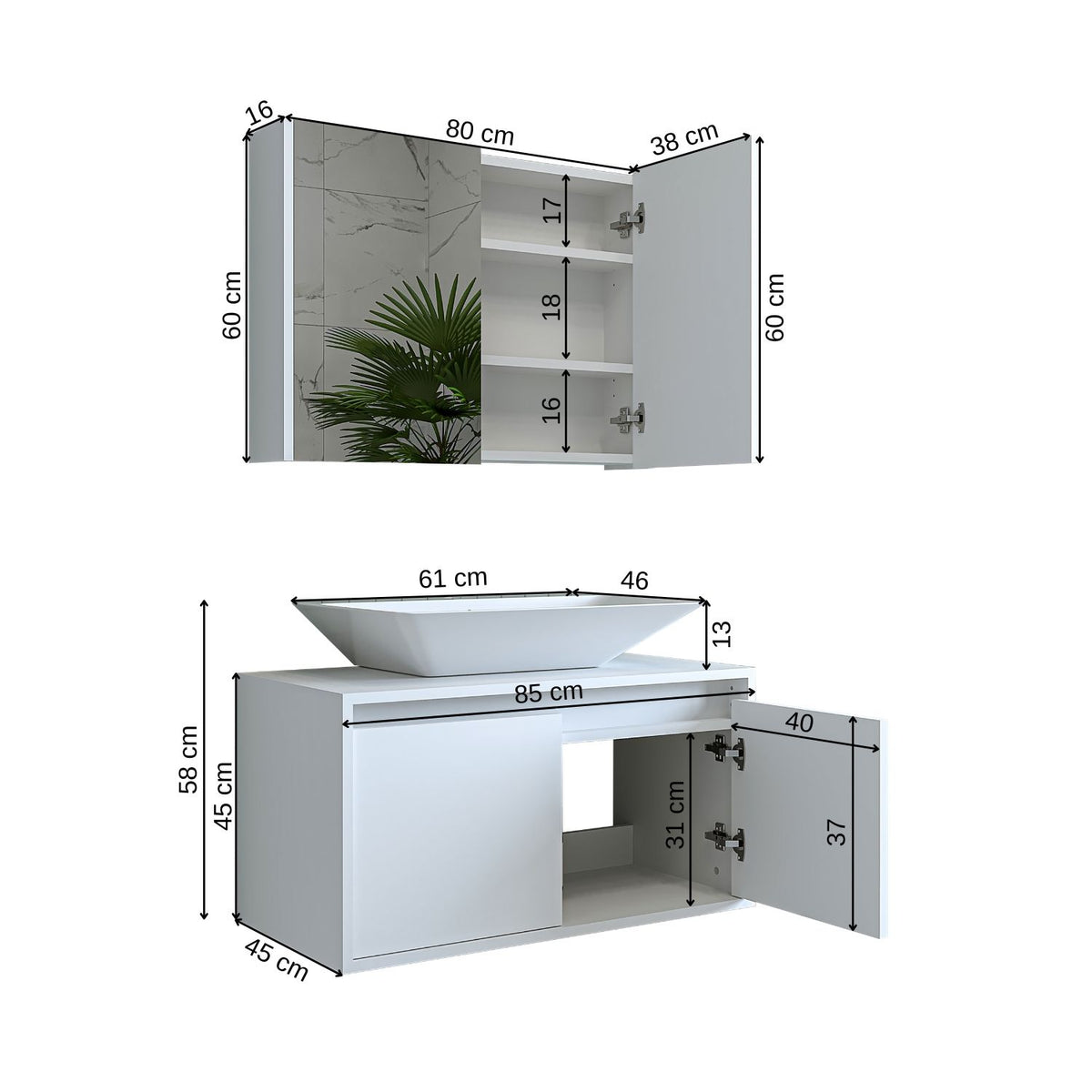 Roomart Atlantic - Bathroom Cabinet Set of 2 with Washbasin